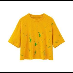 WOODROSE Deli vintage mustard oversized tee with raw edges & raglan sleeves SZ S